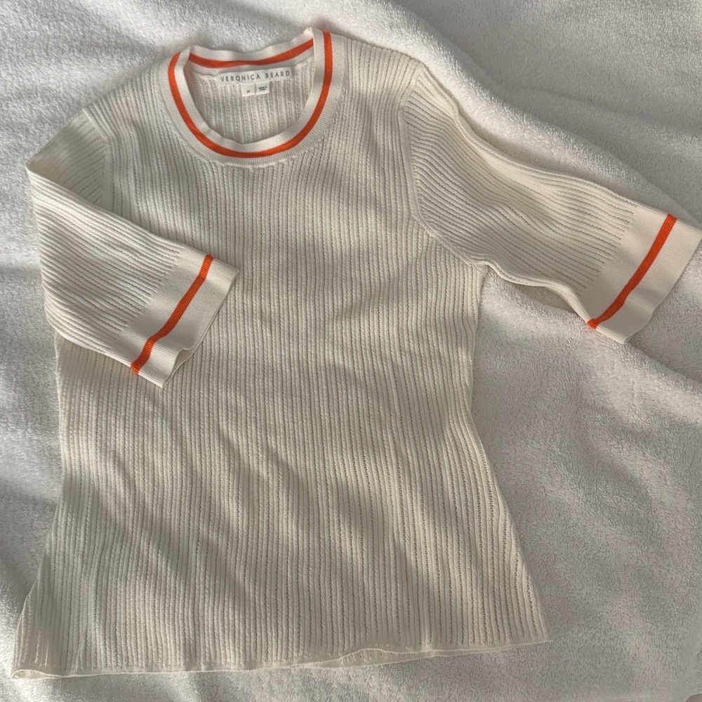 Veronica Beard Ivory Knit Top with Red Accents